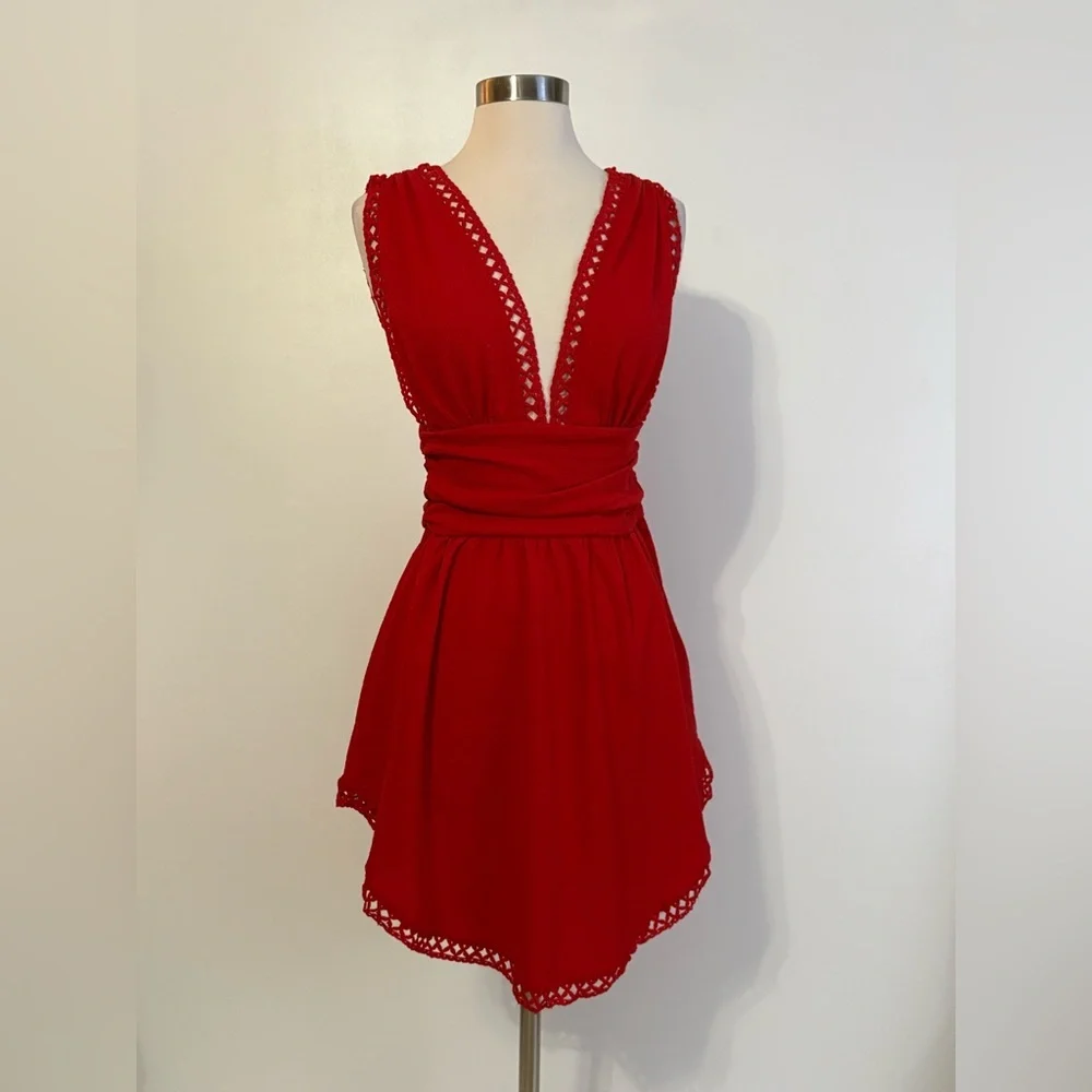 SHEIN Red Sleeveless Deep V Mini Dress with Crochet Trim